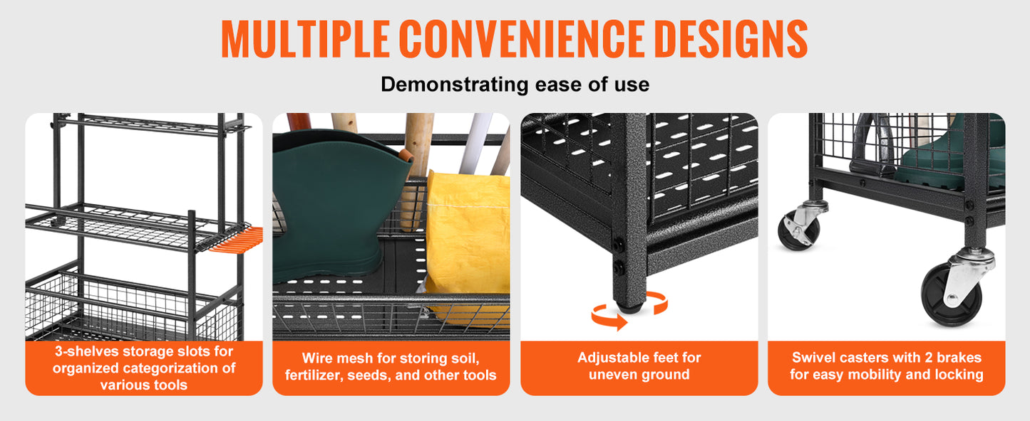 Ljustra Garden Tool Organizer 16 Slots Tool Rack with Wheels for Garage