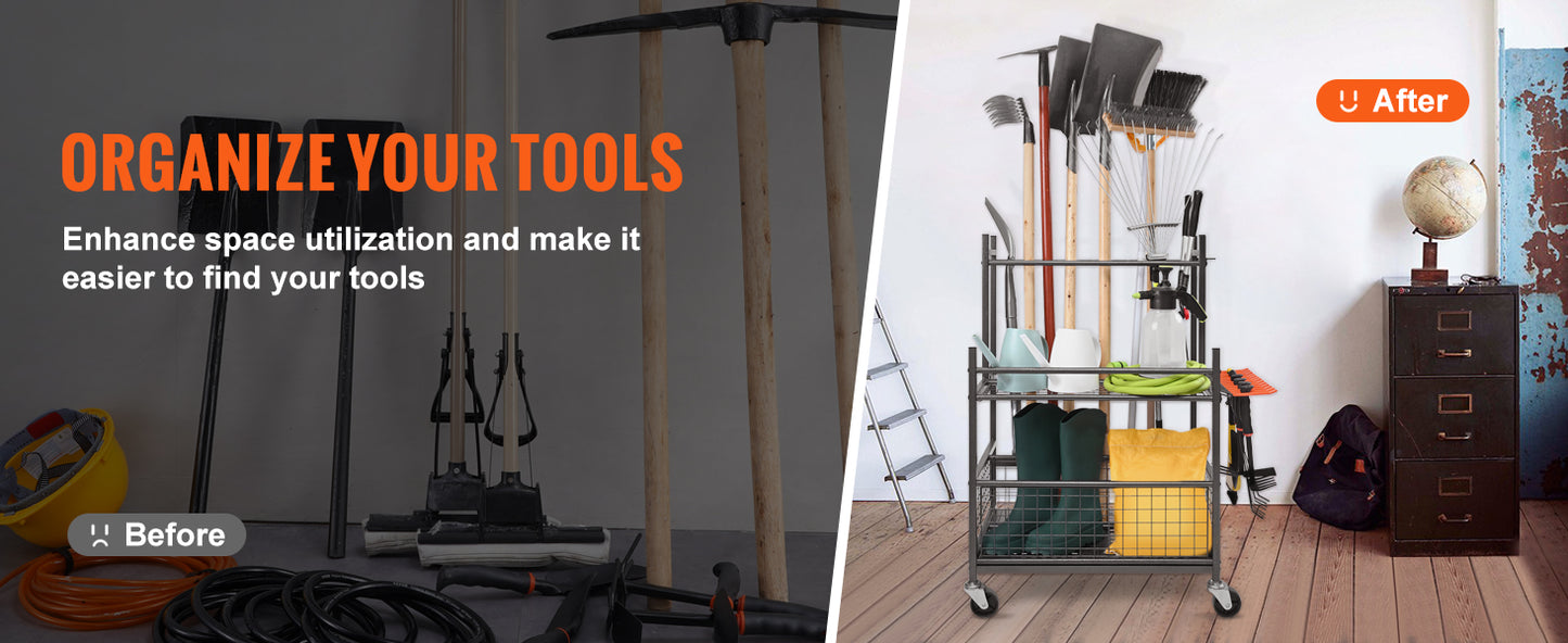Ljustra Garden Tool Organizer 16 Slots Tool Rack with Wheels for Garage