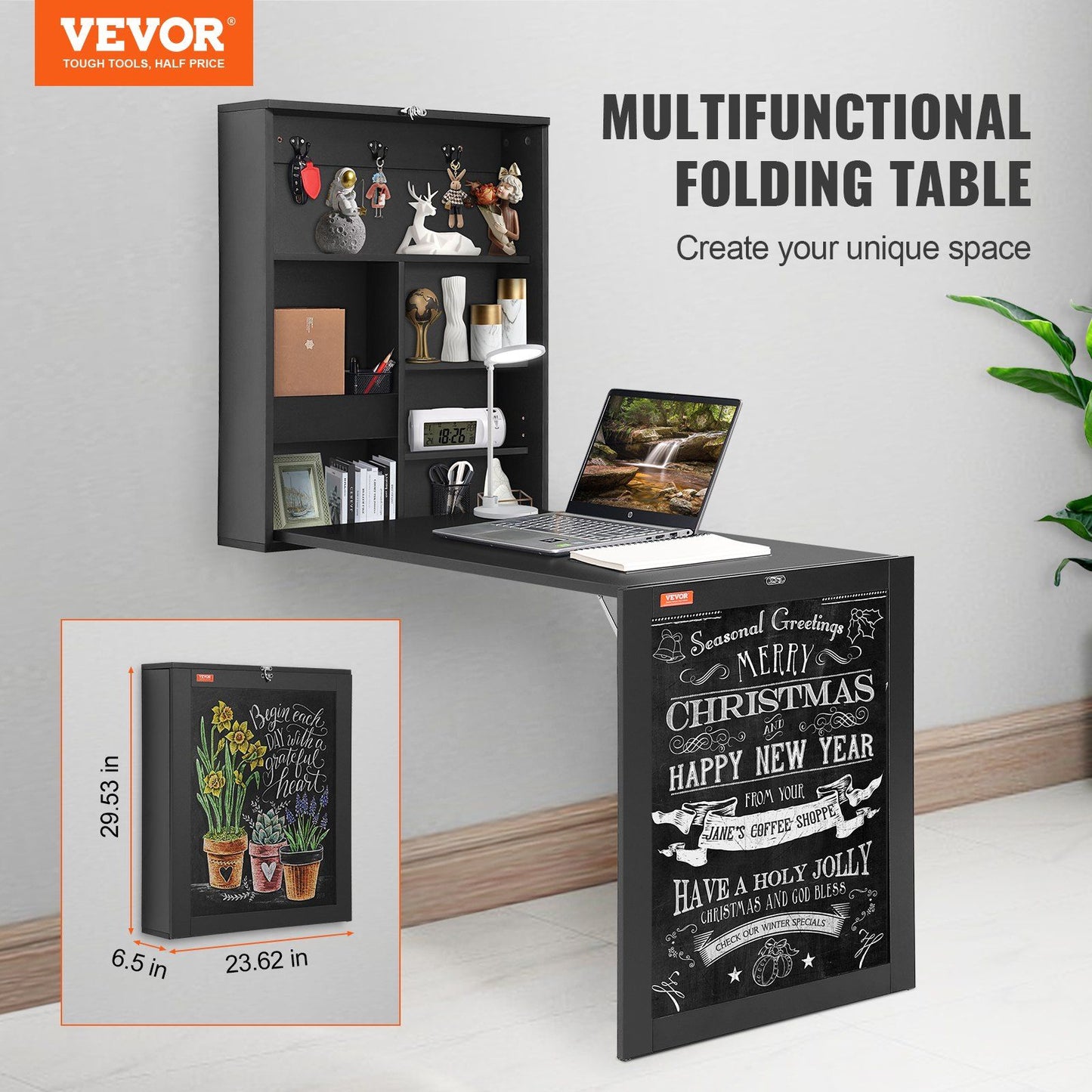 Space Saving Wall Mounted Desk with Storage and Blackboard for Home Office