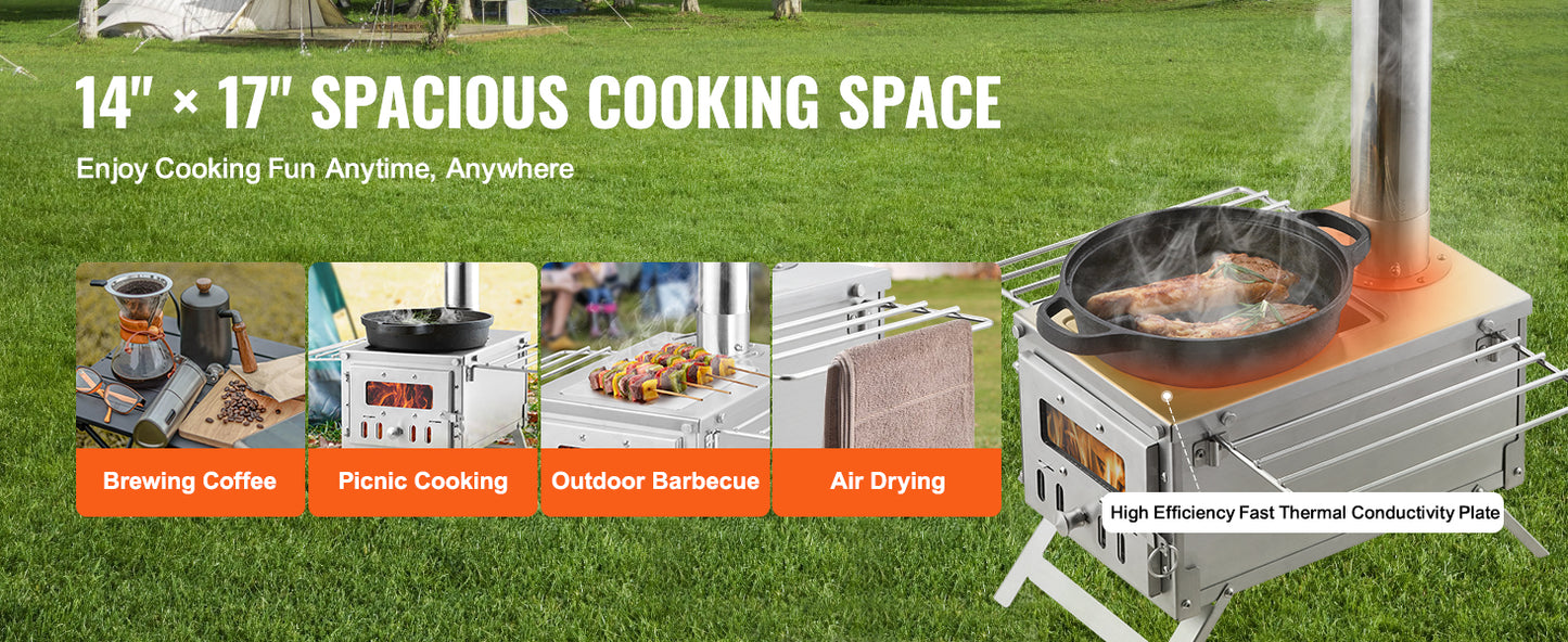 Portable Stainless Steel Camping Wood Stove with Chimney Pipes Gloves