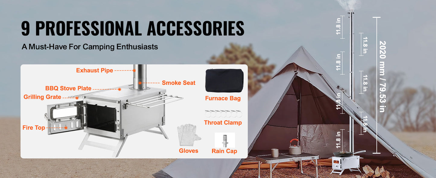 Portable Stainless Steel Camping Wood Stove with Chimney Pipes Gloves