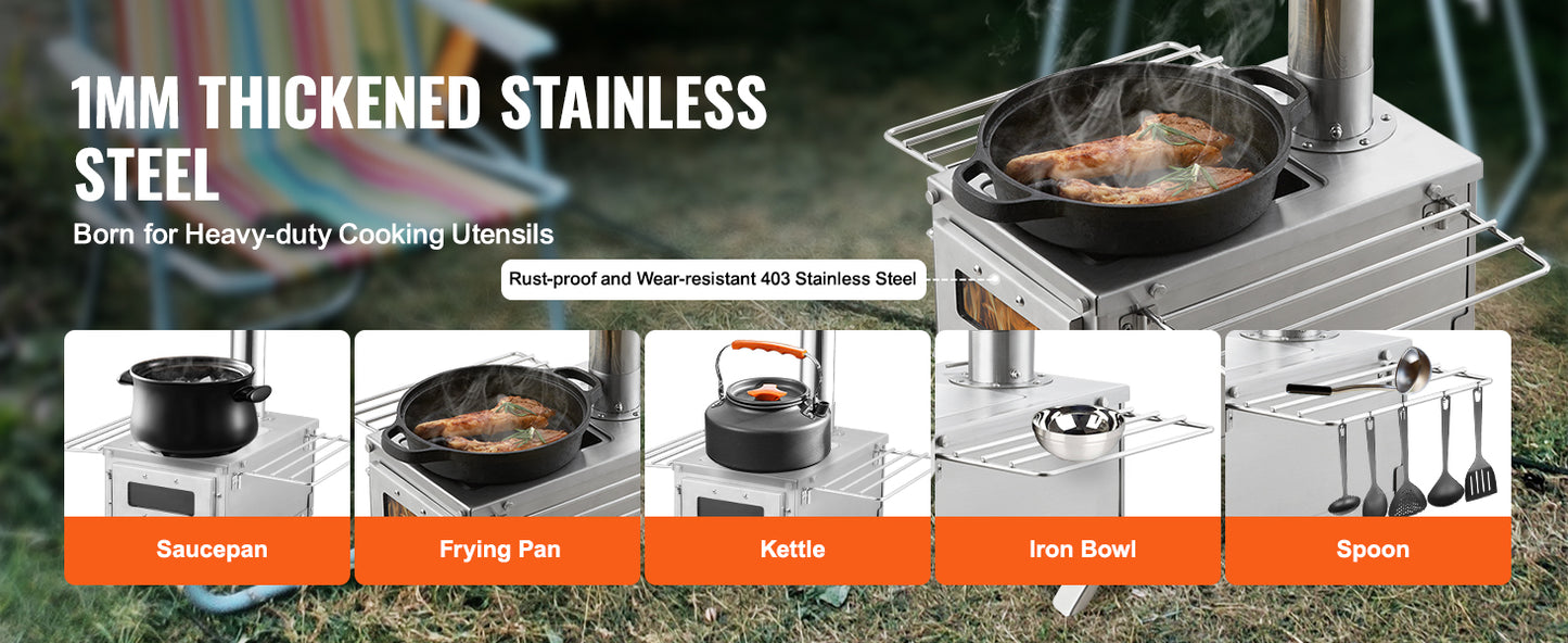 Portable Stainless Steel Camping Wood Stove with Chimney Pipes Gloves